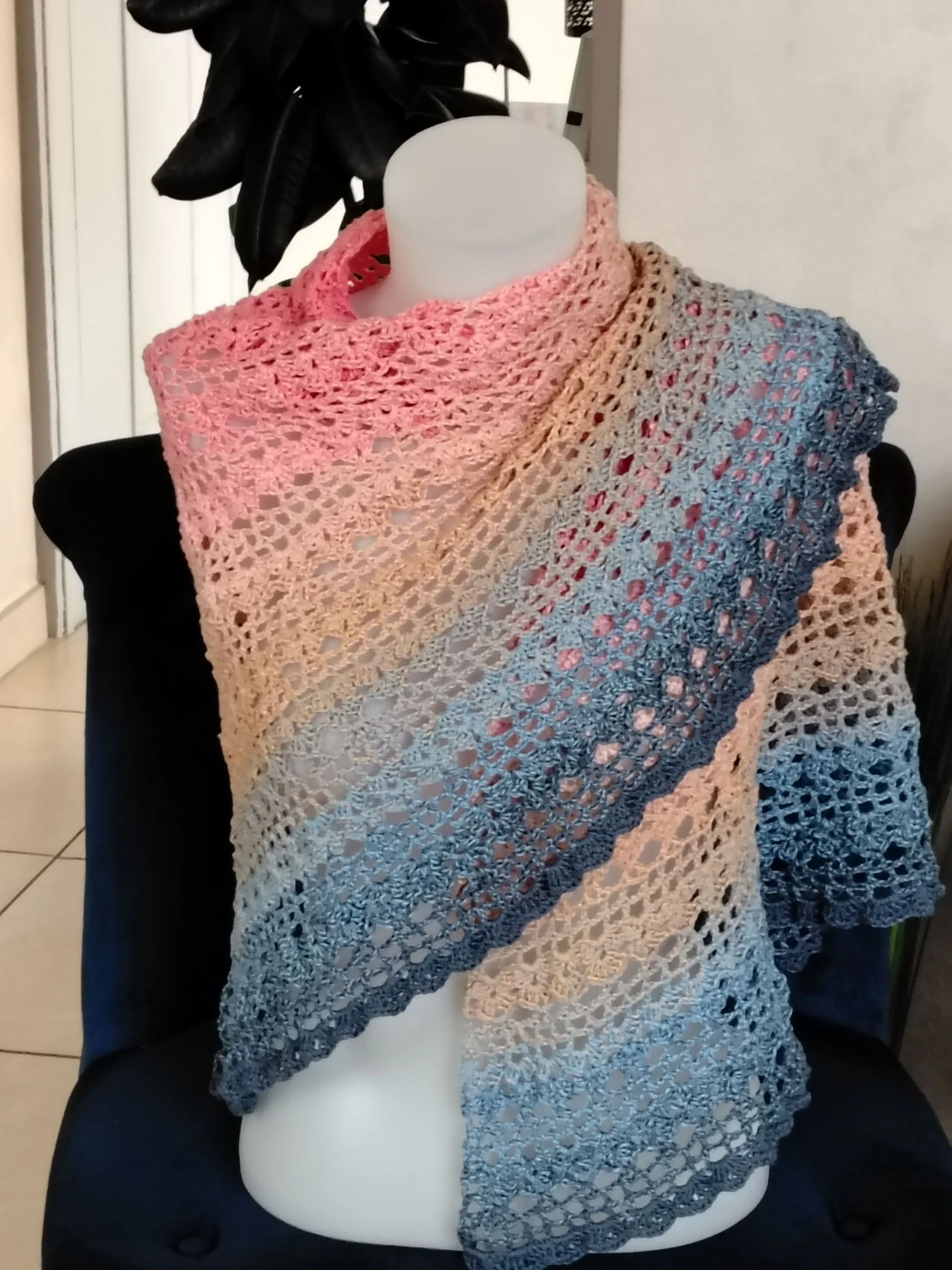 Handmade Half-Moon Large Scarf — Powder Pink, Beige & Jeans Blue Gradient – photo 2